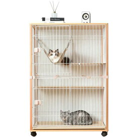 ★楽天1位入賞★猫 ケージ キャットケージ 木製フレーム ハンモック付 広々 2段 猫 キャスター付 猫ゲージ おしゃれ キャットハウス ネコ ハウス 多段 留守番 保護 脱走防止 多頭飼い キャットハウス ペット用品 猫用品 スチール ペットケージ ナチュラル 組み立て簡単