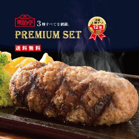 【送料無料】3種全て入ったPREMIUM SET12個入(各種4個）近江牛100％ハンバーグ（オリジナル）近江牛ブレンド明治亭ハンバーグ（デミグラス) 近江牛ブレンド粗挽きハンバーグ（オリジナル) 【湯せん 温めるだけ 冷凍 牛肉 母の日 ギフト】