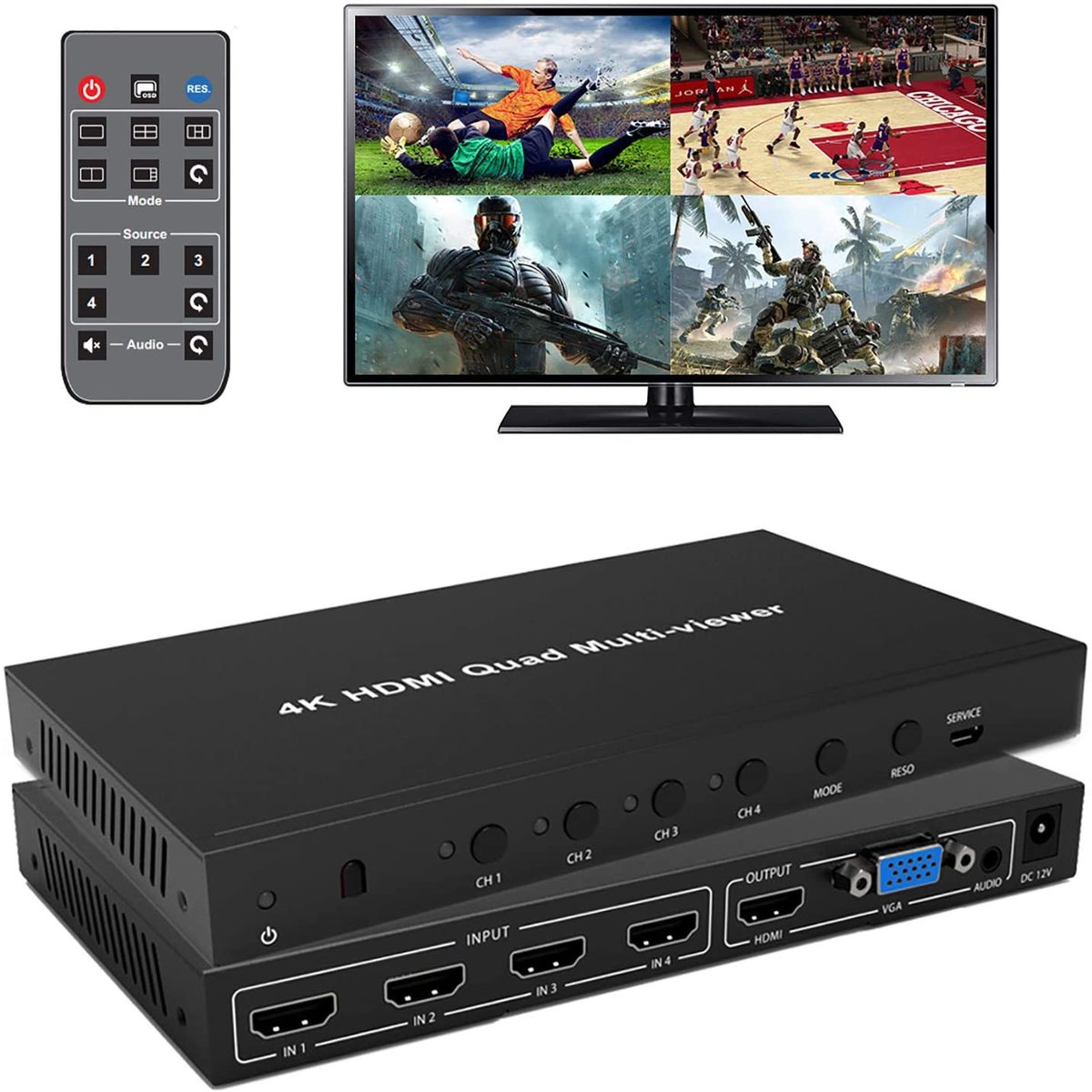 ビデオ分配器 音声分離器 音声出力チャンネル切替可能 ES-Tune HDMI画面分割器 マルチビューワー 4K対応 4入力2出力 日本語取扱説明書付 VGA HDMI 付与 価格 交渉 送料無料