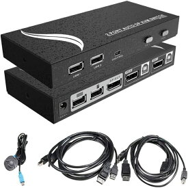 【200円OFFクーポン付】Displayport KVM切替器 DPスイッチ ES-Tune 4K60HZ 2入力1出力 PC2台用 DP・USBケーブル付属 ホットキー 有線スイッチ 日本語取扱説明書付