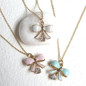 【期間限定クーポン★20%OFF】 ネックレス りぼん リボン ピンク 白 ホワイト ブルー エポ加工 水色 k18gp 日本製 レディース カジュアル ゴールド 中学生 高校生 ジュニア