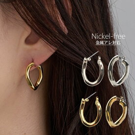 【最大10％OFFクーポン！】 ピアス フープピアス チタン 日本製 キャッチレス 金属アレルギー対応 18Kコーティング ニッケルフリー 大ぶり ツイスト レディース かわいい 上品 エレガント ゴールド シルバー