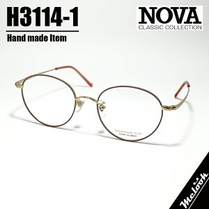 NOVA ノヴァ HAND MADE ITEMハンドメイド 国産ラウンド ボストン クラシック 眼鏡 メガネ フレーム サングラスH3114-1-50 度付可ピンク ゴールドリビジョン製レンズでお好きなサングラス作成可能