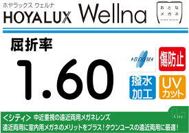 HOYA プレミアムグレード傷防止コート付薄型遠近両用レンズ屈折率1.60超撥水加工＋UVカットWellna シティ 両面複合累進違和感軽減設計（2枚価格) レンズ交換のみでもOK