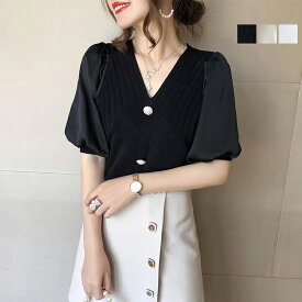 サマーニット シャツ レディース ブラウス トップス 涼感ニット セーター Vネック 小柄 細見え リブニット トップス レディース Tシャツ カットソー ニットセーター 薄手 無地 通勤 ベーシック カットソー 重ね着 ショート丈トップス シフォントップス 送料無料 30代40代