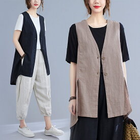 リネンベスト スリットトップス レディース 綿麻アウター Vネック カットソー 無地 タンクトップ リネンベスト キレイめ 重ね着 Aライン ゆったりめ 体型カバー カジュアル ロング丈 カットソー リネントップス 女性 綿麻 黒色 夏服 ノースリーブ 薄手ベスト シャツ 送料無料