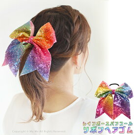 リボン ヘアゴム 子供 ダンス キッズ キラキラ レインボー ヘアアクセサリー りぼん チア ビッグリボン big 大きい 大人 カラフル スパンコール チアリーディング チアダンス コスプレ ダンス衣装 イベント [hf1027]【t-45】