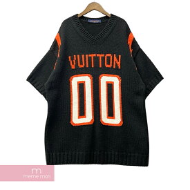 LOUIS VUITTON 2022SS LV Intarsia Football Tee 1A9SXK ルイヴィトン インタルシアフットボールTシャツ 半袖ニット セーター Vネック カシミヤ混 ロゴ ナンバリング ブラック×オレンジ サイズ4L【230823】【中古-B】【me04】