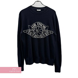 Dior×NIKE AirDior Crew Neck Knit カシミヤ ディオール アトリエ シシュウ ウール クルーネックニット セーター ニット 長袖 フロントロゴ ネイビー サイズXS【250618】【中古-A】