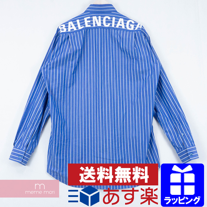 BALENCIAGA Logo Stripe Shirt 508465 TBM12 バレンシアガ バックロゴボタンダウンストライプシャツ 長袖シャツ  刺繍 オーバーシャツ ブルー×ホワイト サイズ37 プレゼント ギフト【190903】【中古-B】 | meme mori