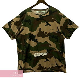 OFF-WHITE 2018AW All Over Camo Tee OMAA038E18185021 オフホワイト オールオーバーカモTシャツ 半袖カットソー 迷彩 ダメージ加工 刺繍ロゴ カーキ サイズL【240415】【中古-A】【me04】