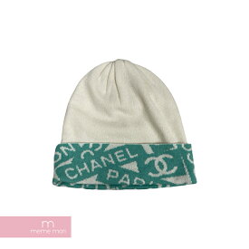 CHANEL 2024SS Cashmere Knit Beanie シャネル カシミヤニットビーニー ニットキャップ ニット帽 帽子 ロゴ 総柄 ホワイト×ミントグリーン【240528】【新古品】【me04】