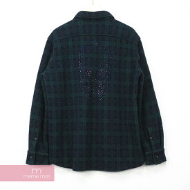 lucien pellat-finet Skull Check Shirt ルシアンペラフィネ スカルチェックシャツ 長袖シャツ ラインストーン ネイビー×グリーン サイズL【210213】【中古-A】【me04】