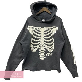 SAINT Mxxxxxx 2022AW Bone Vintage Hoodie SM-A22-0000-080 セントマイケル ボーンヴィンテージフーディ プルオーバー パーカー ヴィンテージ加工 骨プリント チャコール サイズL 【240428】【中古-A】【me04】