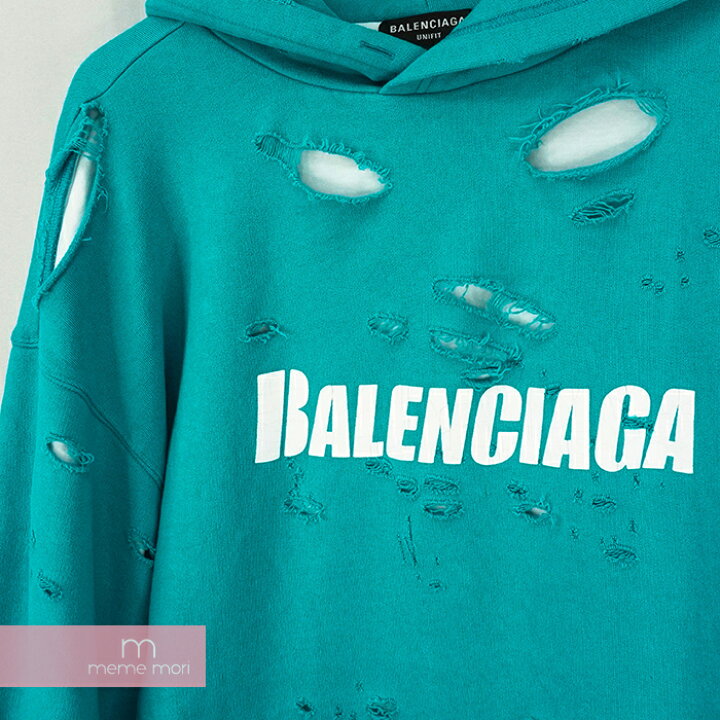 Balenciaga ダメージ加工 パーカー M ターコイズデストロイ