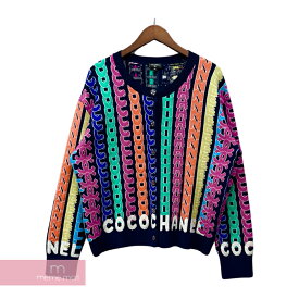 【BIG PRICE OFF】CHANEL 2021AW Cocomark Cashmere Cardigan P71615K10304 シャネル ココマークカシミカーディガン ニット 総柄ロゴ ボタン装飾 ネイビー×マルチカラー サイズ50 【231028】【中古-A】【me04】