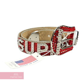 Supreme×B.B. SIMON 2020SS Belt シュプリーム×ビービーサイモン スタッズベルト スワロフスキー ストーン ロゴ レザー レッド【210711】【中古-A】【me04】