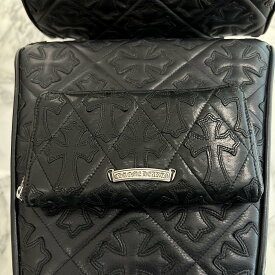 CHROME HEARTS Cemetery Cross Leather Patch Quilting Leather Wallet クロムハーツ セメタリークロス レザーパッチ キルティング レザーウォレット ラウンドジップ 長財布 カーフスキン レザーパッチ ダガージップ シルバー925 ブラック【251110】【中古-A】