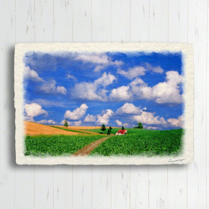 手すき 和紙 アートパネル 夏 青 夏の雲とジャガイモ畑と赤い家へと続く道 84x56cm アート 絵画 グラフィック 風景画 おしゃれ 壁掛け 絵 インテリア 風水 玄関 おすすめ インテリアアートパネル 金運 飾る 風景 ポスター アートポスター 壁飾り 壁 モダン