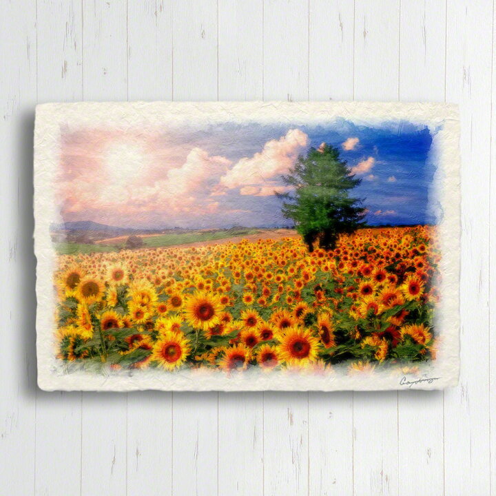 楽天市場 和紙 ポストカード 15x10cm 花 黄色 夏 太陽とひまわり畑の丘とカラマツの木 絵画 インテリア 風水 絵 アートパネル モダン 玄関 インテリア 雑貨 絵画 風景画 インテリアアート Naturalmemories