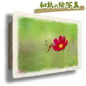 絵 風水 絵画 玄関 おすすめ 運気が上がる絵 インテリア アートパネル 風景画 おしゃれ 開運 金運 トイレ 玄関 に 飾る 絵 画 壁掛け 花 秋 赤 花の絵 和紙の絵写真 「赤とんぼと緑の中のコスモス」
