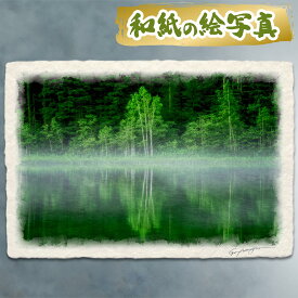 絵 風水 絵画 玄関 おすすめ 運気が上がる絵 インテリア アートパネル 風景画 おしゃれ 開運 金運 トイレ 玄関 に 飾る 絵 画 壁掛け 木 森 夏 川 湖 和紙の絵写真 「朝霧の湖に映る新緑の白樺」