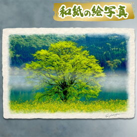 絵 風水 絵画 玄関 おすすめ 運気が上がる絵 インテリア アートパネル 風景画 おしゃれ 開運 金運 トイレ 玄関 に 飾る 絵 画 壁掛け 春 花の絵 木 森 川 湖 黄色 和紙の絵写真 「朝霧の湖畔の菜の花畑と新緑の木」