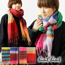 ＊【10%OFFクーポン対象商品】【hint hint ヒントヒント】配色切替 カラフル ミックス フリンジ ストール (STOLE20)正規品 レディース 秋 冬 マフラー 防寒 暖かい 大判 大きい チェック ナチュラル おしゃれ 大人可愛い 洗える プレゼント 30代 40代 50代 60代