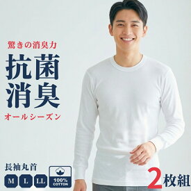 2枚組 インナー メンズ 長袖 綿100% 丸首 フライス編 クルーネック M～LL インナーシャツ メンズ肌着 紳士肌着 丸首 男性 肌着 抗菌消臭 M L LL 白 ビジネスシャツ 通勤 快適 父の日 敬老の日 送料無料