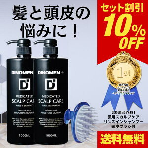 DiNOMEN 薬用 スカルプケア リンスイン シャンプー 1000ML 2本セット + イオン頭皮洗浄ブラシ メンズ 男性 育毛 薄毛 抜毛 ふけ かゆみ ニオイ 頭皮 荒れ 予防 保湿 化粧品 シャンプー スカルプ 育