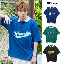 DAESE SELECT デセセレクト アップリケ刺繍入り半袖クレリックポロシャツ/全3色 ポロシャツ メンズ ブランド ロゴ クレリック トップス 綿100% オーバーサイズ ユニセックス ブルー グリーン ブラック 黒 M L 韓国ファッション カジュアル ストリート 春 夏