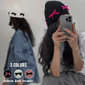 DAESE SELECT デセセレクト ベロアリボン ニットビーニー/全2色 韓国 韓国ファッション ニット帽 ビーニー リボン かわいい 帽子 白 ホワイト ピンク ブラック 黒 バレエコア