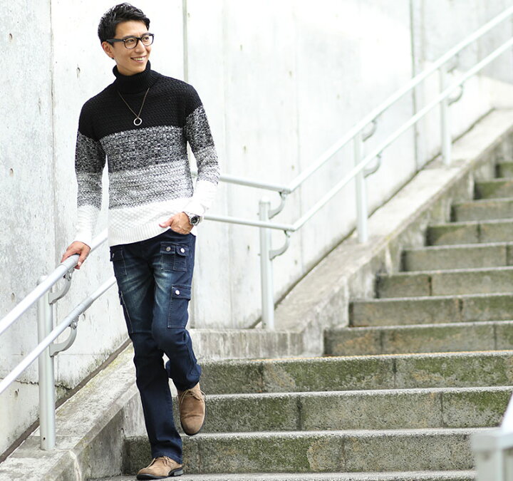 楽天市場 アウターセット アイボリーコート 黒 白ニット インディゴデニムパンツ3点コーデセット23 Menz Style メンズスタイル
