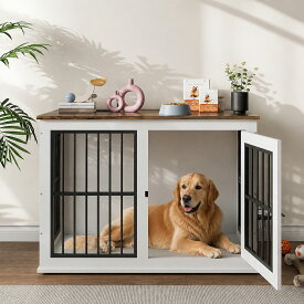 犬 ケージ 室内 大型 幅100cm 奥行56cm 高さ72cm ペットケージ 木製 ペットサークル 家具調 クレート フルオープン天板 フードボウル付き お手入れ簡単 頑丈構造 スチールフレーム