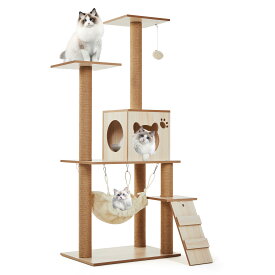 【15日限定P5倍×10%OFFクーポン】キャットタワー 木製 据え置き 多頭飼い ハンモック付き 大型猫 シニア 高さ132cm 滑り止め Garvee キャットツリー 展望台 猫ハウス 頑丈 安定感 シニア 猫タワー 爪とぎ 簡単 据え置き 大型猫 クリアボウル 組み立て