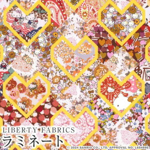 ハローキティ×リバティファブリックス LIBERTY つや消しラミネート(ビニールコーティング生地)<Patchwork Hearts>(パッチワーク・ハーツ)【イエローハート】MATLAMI-DC34428-J24B