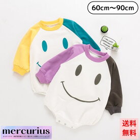 [かわいい ニコちゃん ロンパース]ベビー服 ベビー ポップ ロンパース ニコちゃん 女の子 男の子 秋 冬 秋冬 春 秋服 冬服 春服 60 70 80 90 長袖 カラフル 股ボタン スマイル 笑顔 オールインワン カバーオール 保育園 幼稚園 普段着 子ども 子供 0歳 1歳 2歳 3歳