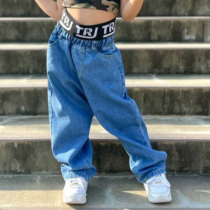 楽天市場 ハイウェスト ロゴテープ デニムパンツ 女の子 男の子 子供服 キッズ ジーンズ 無地 ロゴ デニム 110cm 1cm 130cm 140cm 150cm 160cm ダンス衣装 ヒップホップ ダボダボ ジーパン ダンスパンツ ガールズ イベント衣装 ステージ衣装 おしゃれ 個性的
