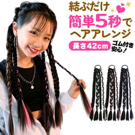 【2束以上で100円OFFクーポン】三つ編み 編み込み エクステ ゴム ダンス エクステ キッズ カラーエクステ 簡単 ヘアーエクステンション ツインテール 女の子 子供 ガールズ ピンク ブルー グレー 長さ42cm ロング つけ毛 メッシュ ヒップホップ ダンスヘア 祭り ダンス衣装
