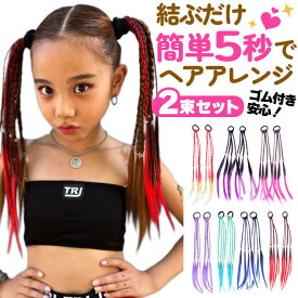 【最短翌日お届け】 三つ編み 編み込み エクステ 2本セット カラーエクステ ゴム 簡単 ヘアー エクステ ツインテール 女の子 子供 キッズ ガールズ ウイッグ ダンス ピンク ブルー レッド パープル 長さ40cm つけ毛 派手 メッシュ グラデーション ヒップホップ