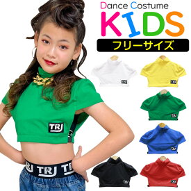 ハイネック 半袖シャツ ショート丈トップス Tシャツ 女の子 子供服 キッズ 無地 ロゴ ホワイト イエロー グリーン ブラック レッド ブルー フリーサイズ イベント衣装 ダンス衣装 ヒップホップ へそ出し セクシー クロップドトップス サイドカット