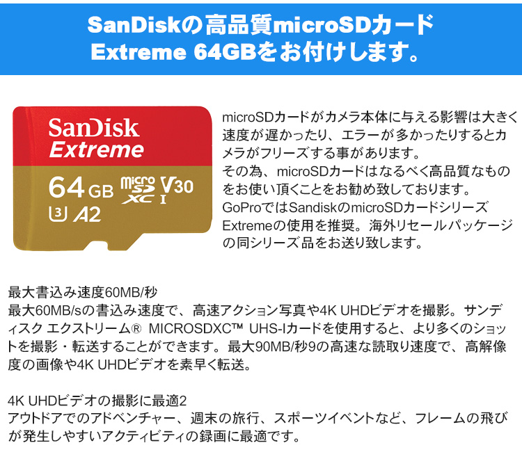 Sandiskの高品質microSDカードセット   GoPro HERO9BLACK 本体 予備バッテリー Sandisk microSDカード 64GB