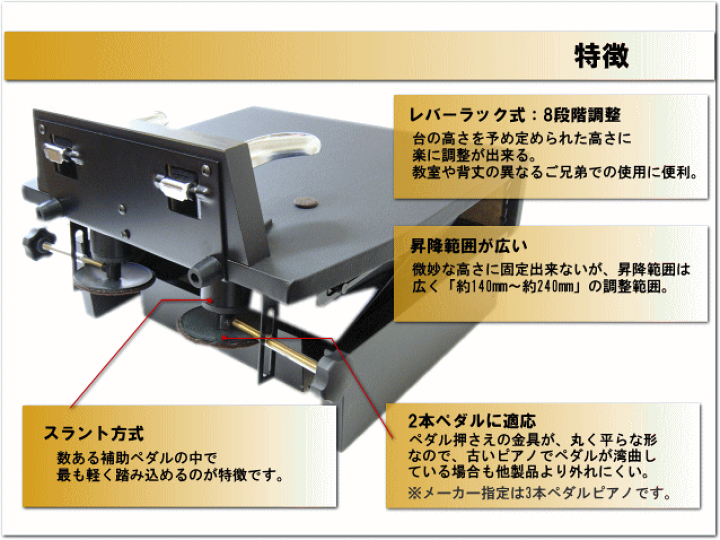 SP-D ブラック ピアノ補助ペダル レバー昇降 8段階 ワンタッチ高低 日本製 楽天市場】ピアノ 補助ペダル【レバー昇降】SP-D：台付きペダル「補助