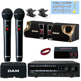 DAM カラオケスピーカーセット 黒色ワイヤレスマイク2本付き ミキシングアンプ