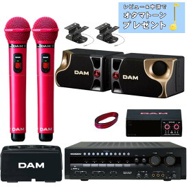 DAM カラオケスピーカーセット ピンク色ワイヤレスマイク2本付き ミキシングアンプ