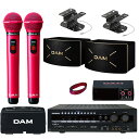 DAM カラオケスピーカーセット ピンク色ワイヤレスマイク2本付き ミキシングアンプ