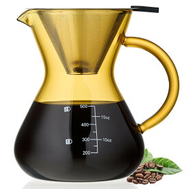 ポカロティー コーヒーサーバー アンバー ドリップコーヒーサーバー 500ml ペーパーコーヒーフィルター不要 ペーパーレス ドリッパー ハンドドリップ 繰り返し使用可能 ステンレスフィルター 2層メッシュ 電子レンジ対応 直火可 目盛付き 珈琲ポット 珈琲用具 coffeeserver