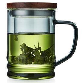 【公式ショップ】【365日出荷対応】ポカロティー 茶こし付きティーマグ 耐熱ガラス ティーカップ コーヒーカップ 耐熱温度差170度 木製蓋付 取手付き 食洗機対応 仕事中水分補給 生日記念日お祝い 満水容量 430ML