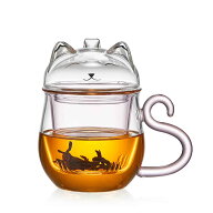 ポカロティー 耐熱ガラス ティーマグ 猫じゃん マグカップ 可愛い ピンク 紅茶カップ 満水容量 486ml 不…