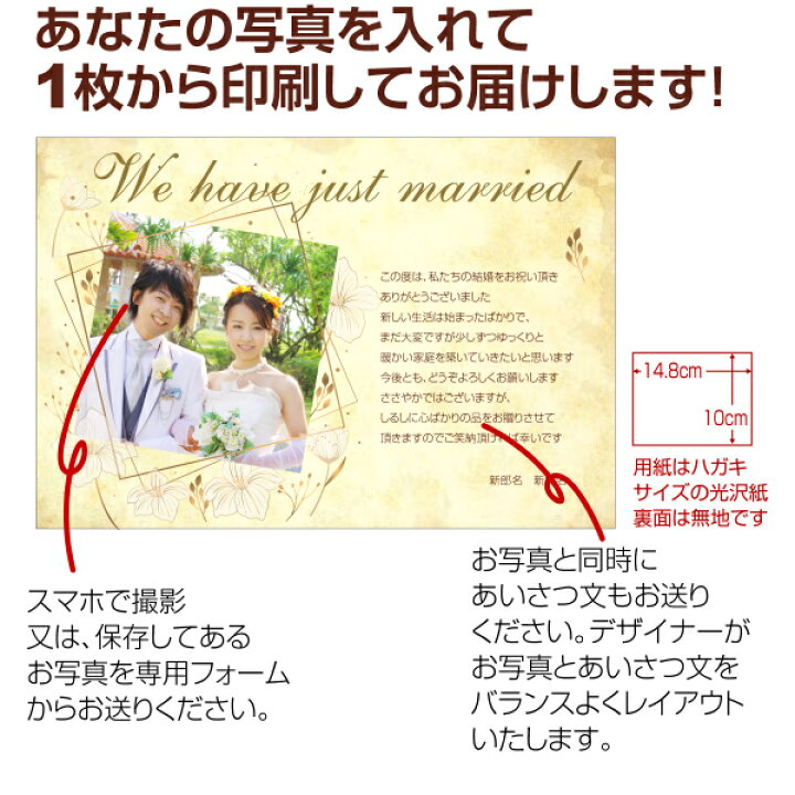 楽天市場 あなたの写真とあいさつ文を入れて1枚から印刷ok 写真入り オリジナル メッセージカード 結婚報告 結婚内祝い 出産内祝い 快気内祝い お祝い お返し おしゃれな 挨拶状 ポストカード はがき ハガキ 葉書 グリーティングカード 写真deメッセージカードショップ